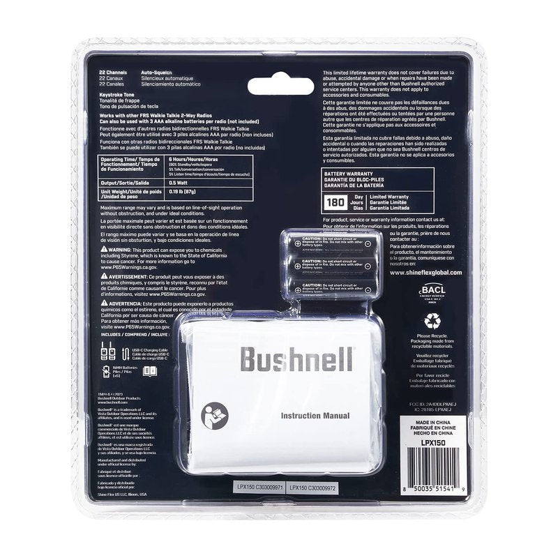 Bushnell LPX150 Walkie Talkie Radio - Reliable Quality, Rugged Design, 0.5W Power for 20 Miles of Range, Two Way Radios Equipped for Wherever Life Takes You (2 Pack)