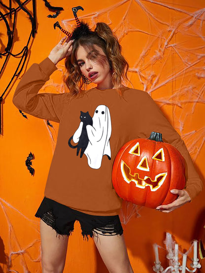 UNIQUEONE Halloween Spooky Season Sweatshirt Women: Black Cat Ghost Sweatshirts Oversized Fall Ghost Pullover