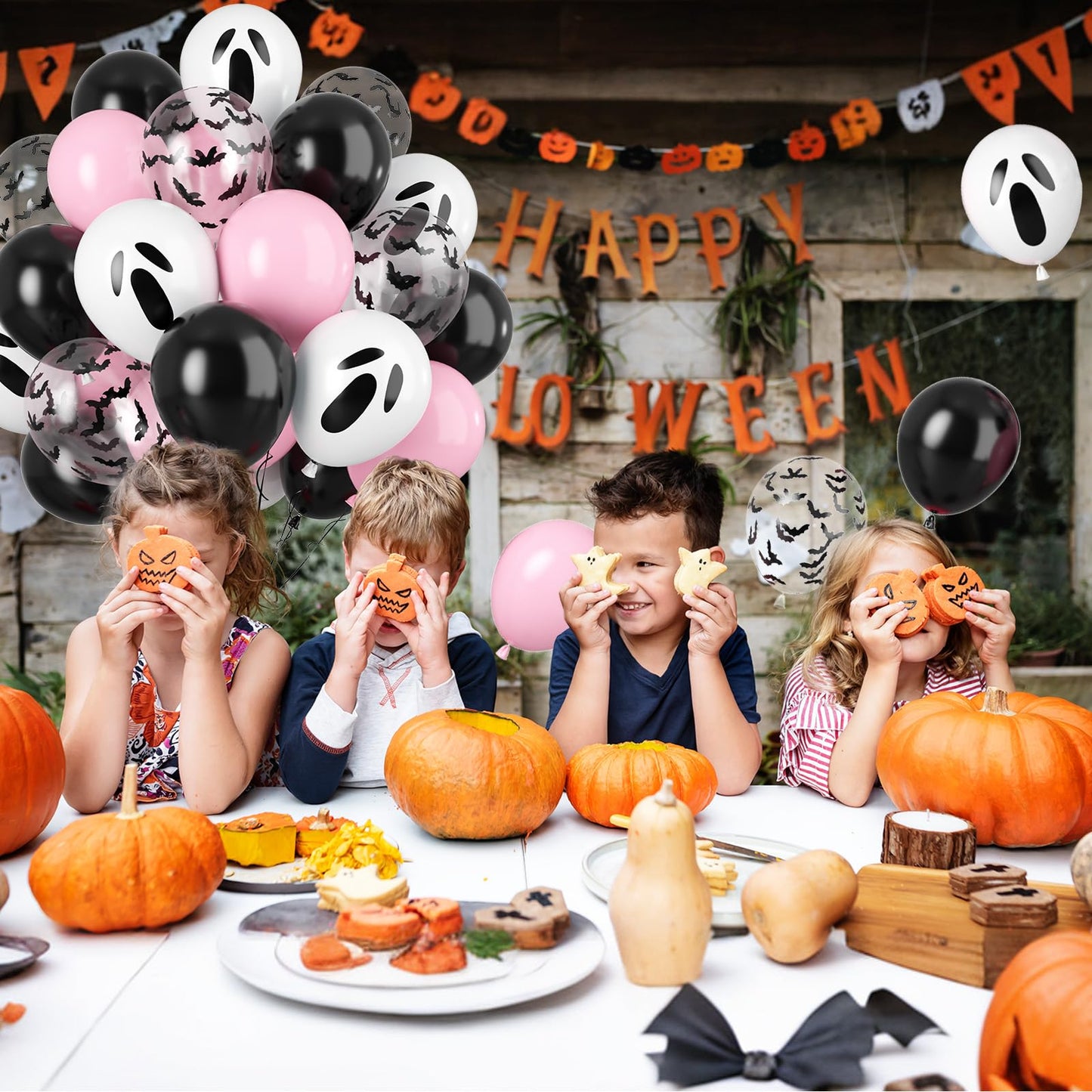 Biapian 60 Pcs Pink Halloween Balloons, 12 Inch Halloween Ghost Balloons Printed Pink and Black Latex Balloons Bat Confetti Balloons for Birthday BOO Happy Halloween Party Decorations Indoor Outdoor