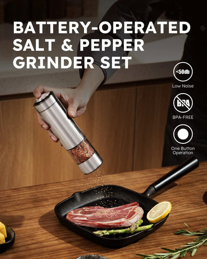 FORLIM Electric Salt and Pepper Grinder Set, Battery Operated Automatic Salt Pepper Mill, One-Handed Operation, Refillable with Light, Adjustable Coarseness, Stainless Steel, 2 Pack (Silver Gray)