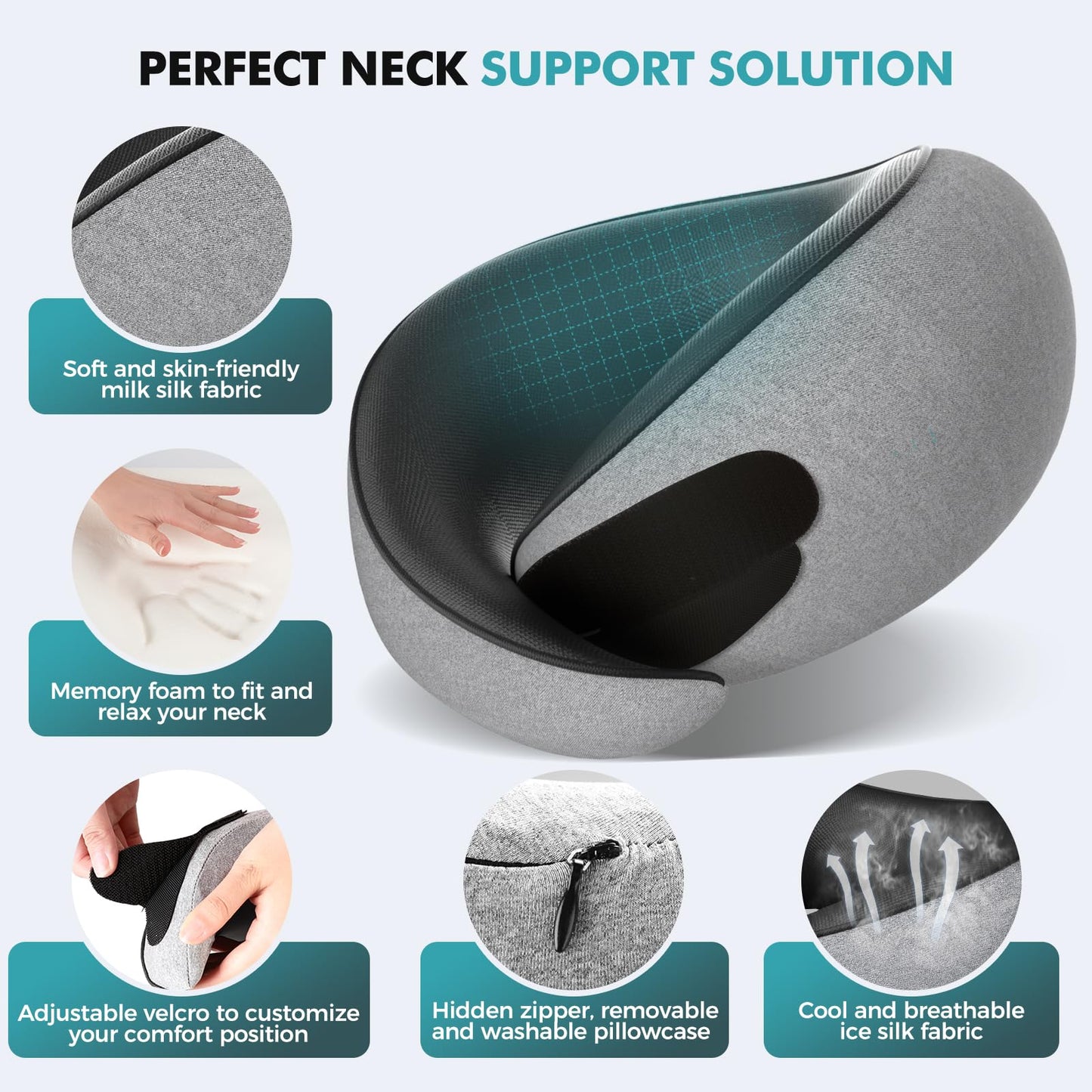 FIOGIKO Travel Neck Pillows for Airplanes, 360° Ergonomic Memory Foam Travel Pillow - Relief Neck Pain with Breathable Support for Long Flights, Car, Train & Office Use - Adults & Kids