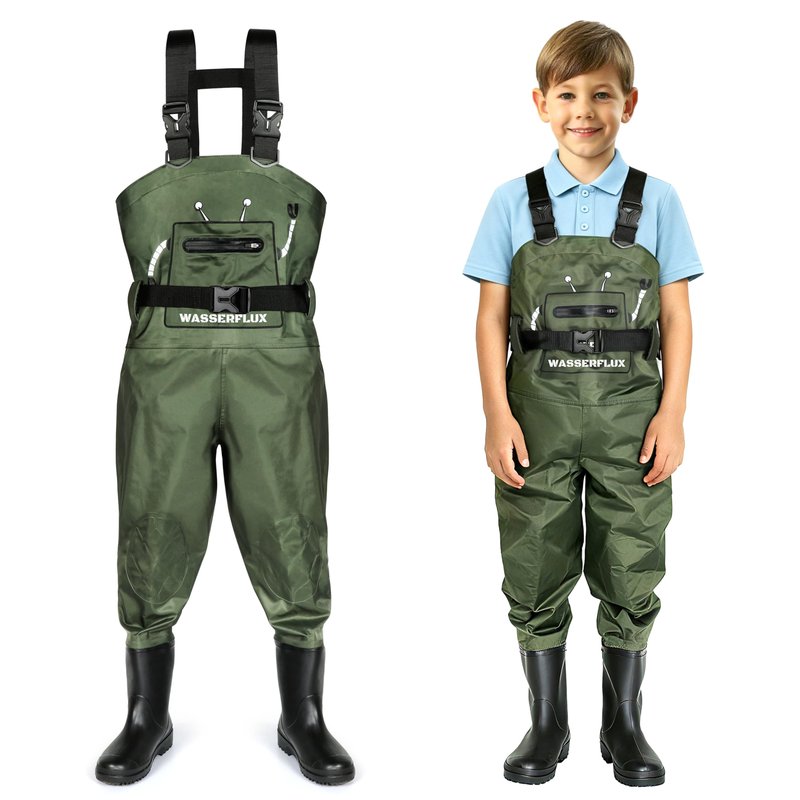 wasserflux Kids Chest Waders with Boots – Waterproof PVC Youth Waders with Reflective Strips & Reinforced Knees, Lightweight Fishing Waders, Green 8/9T
