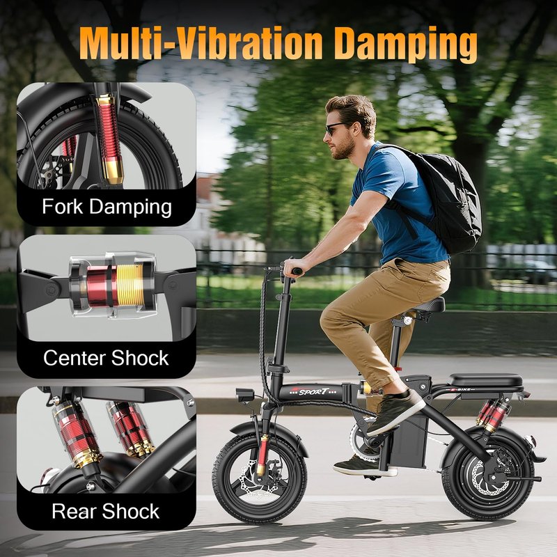 GWEIT Electric Bike for Adults Teens, 800/1200W Peak Folding Ebike, 22/25MPH & 30/45 Miles Range, 14" Commuting Ebike with Dual Suspension & Dual Brake, 3-Speed Modes, Portable Electric Mini Bike