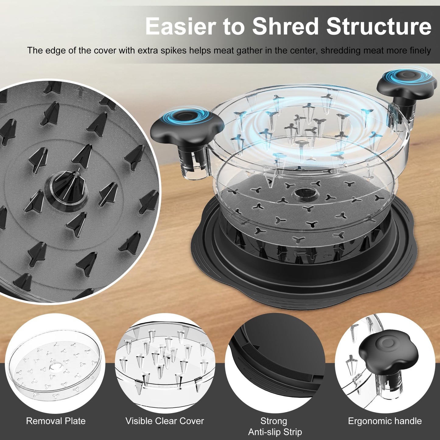 Chicken Shredder with Removable Plate - Manual Meat Shredder Tool with Transparent Lid & Cleaning Brush, Dishwasher Safe Kitchen Gadget for Shredding Chicken, Pork, Beef, Pulled Pork(Black)