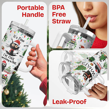 34HD 40oz Funny Christmas Cat Tumbler with Handle – Black Cat Gift, Holiday Travel Mug with Lid & Straw