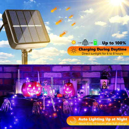Joomer Orange Purple Halloween Solar String Lights - 2 Pack Total 80FT 240LED Solar Fairy Lights, Waterproof Outdoor Twinkle Lights with 8 Modes for Garden, Porch, Trees, Halloween Decor (Black Wire)