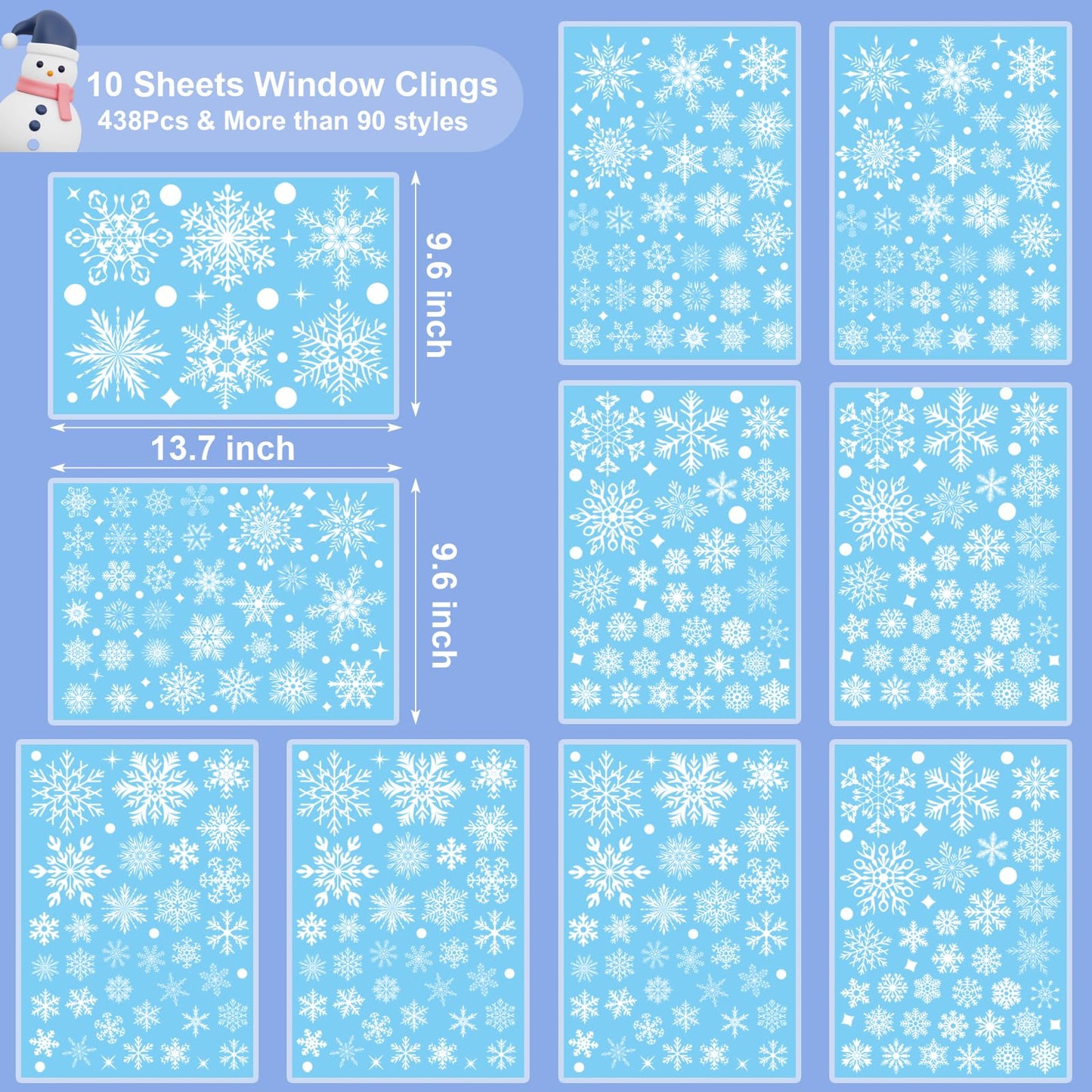 NEWMIAO 438Pcs Snowflake Window Cling Stickers for Christmas Decorations, 10 Sheets Christmas Window Clings of Different Shapes Xmas Decals for Glass Home Decor Indoor and Outdoor Party Supplies