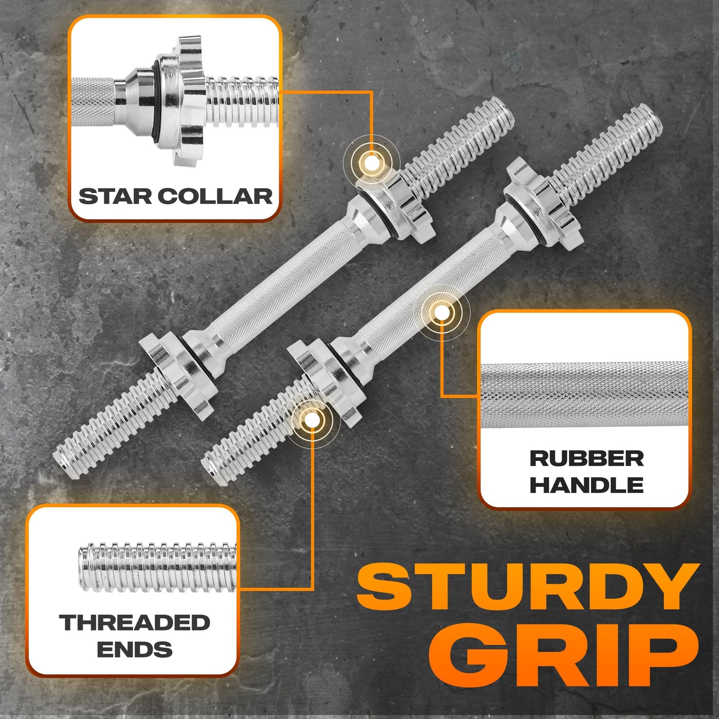 Yes4All Pair of Threaded Dumbbell Handles 14/16/18/24 inch, Chrome/Rubber Grip, Fit 1” Plates, Weight Bar Connector