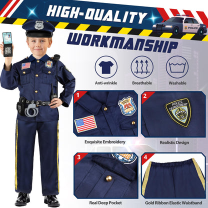 Joycover Police Officer Costume for Kids, Cop Costume Outfit Set with Toy Accessories, Halloween Costumes for Boys