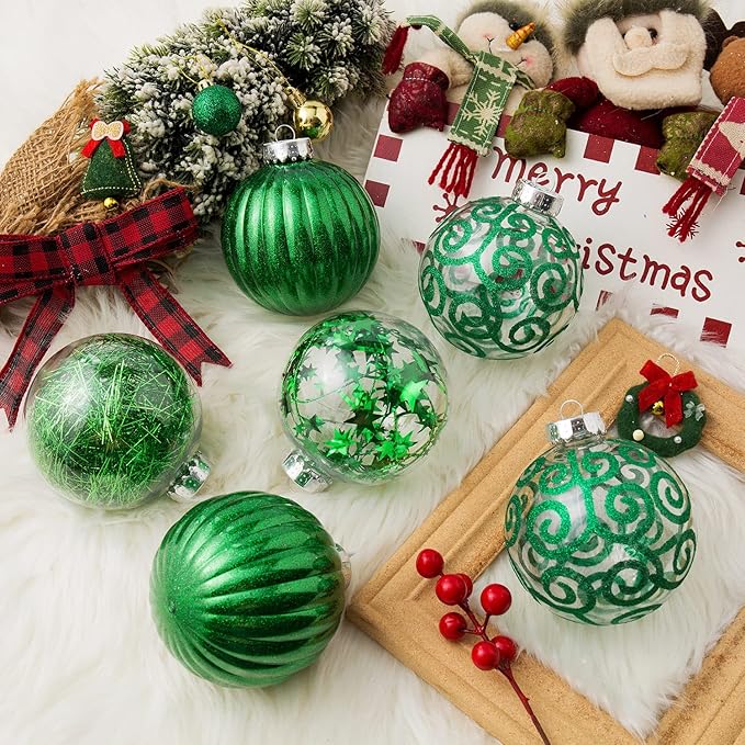 XmasExp 8ct Christmas Ball Ornaments Set -Large Clear Plastic Shatterproof Xmas Tree Ball Hanging Baubles Stuffed Delicate Glittering for Holiday Wedding Xmas Party Decoration (100mm/3.94",Green)