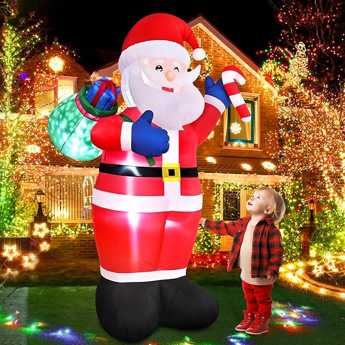 FRAMICS 8 FT Christmas Inflatable Santa Claus with Gift - Outdoor Decoration with LED Lights for Holiday Garden Lawn Party