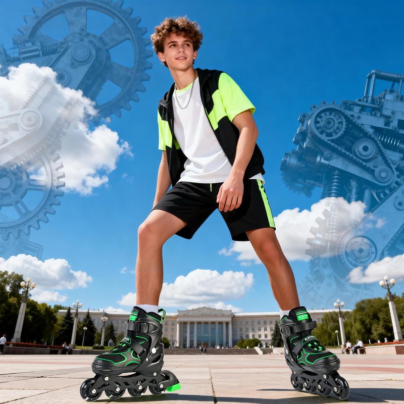 2PM SPORTS Inline Skates for Kids Girls Boys Ages 4-8 8-12 4-7 7-12 10-14 with Light Up Wheels, Adjustable Kids Roller Skates Blades for Adults Men Women Beginners Youths Green, Size Large