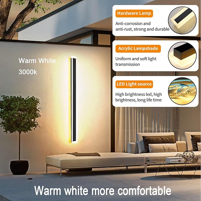 2Pack-71INCH Long Outdoor LED Wall Lights,55W Waterproof IP65 Warm White 120V LED Wall Mount Light Fixture Acrylic Black Exterior Wall Lights for House Courtyard Balcony Porch