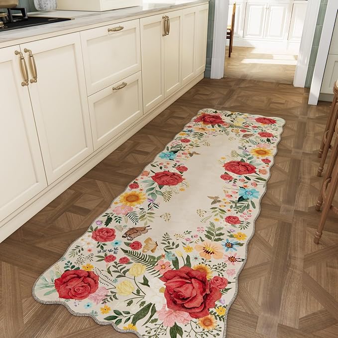 Kitchen Rug Runners for Hallways: 2x6 Washable Runner Rugs for Kitchen Ultra Thin Stain Resistant Non Slip Low Pile Lightweight Vintage Floral Carpet for Laundry Room, Bedside Decor (Beige)