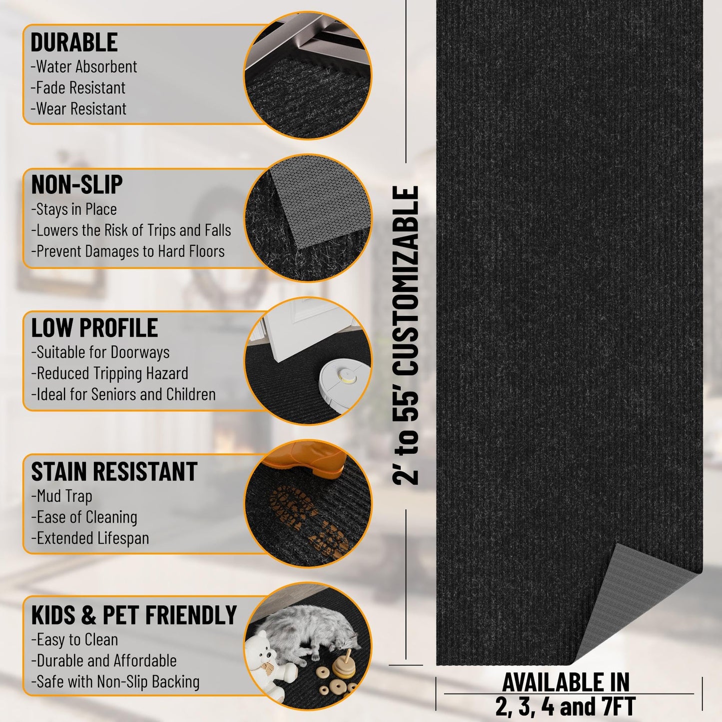 Ottomanson 2' x 10' Hallway Runner with Scraper Pile Extra Durable Non-Slip Rug Mat for Indoor & Outdoor Use - Ideal for Kitchen, Entryway, Patio & Garage - High-Traffic Carpet, Black