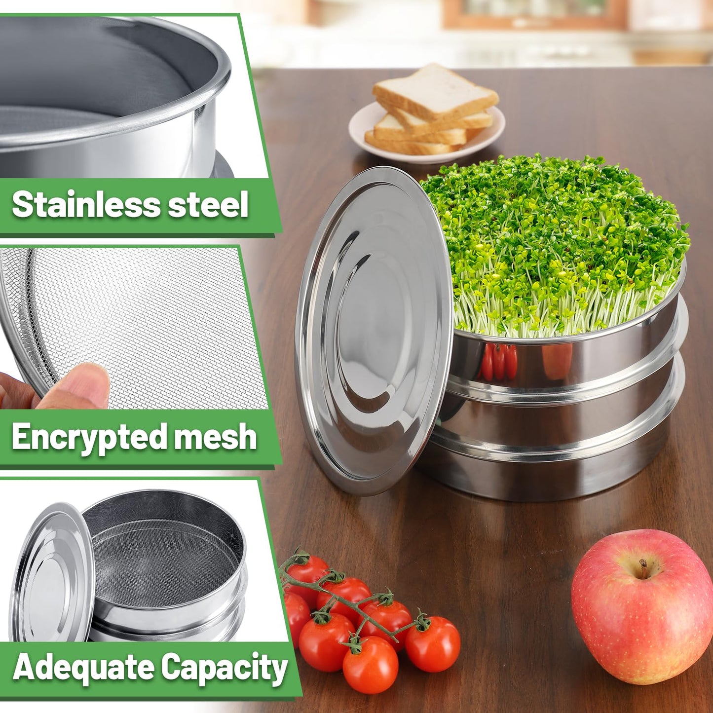 Aulock Stainless Steel Seed Sprouting Kit - 3-Tier Microgreens Growing Tray 7.9 in Dia, Stackable Round Sprouter Maker with Encrypted Mesh, Sprouts Grower for Beans Broccoli Alfalfa Seeds Wheat Grass
