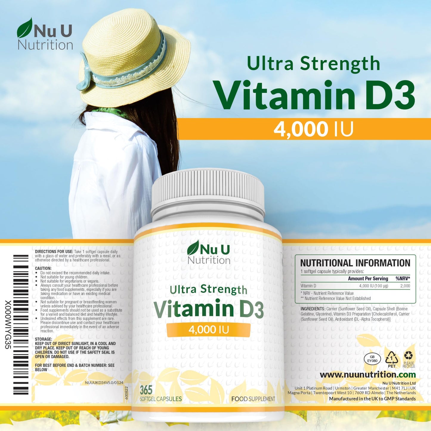 Nu U Nutrition - Vitamin D 4000 IU - 365 Softgel Capsules not Tablets - 1 Year Supply - Quadruple Strength -Easy to Swallow - Vitamin D3 Supplement - Made in The UK