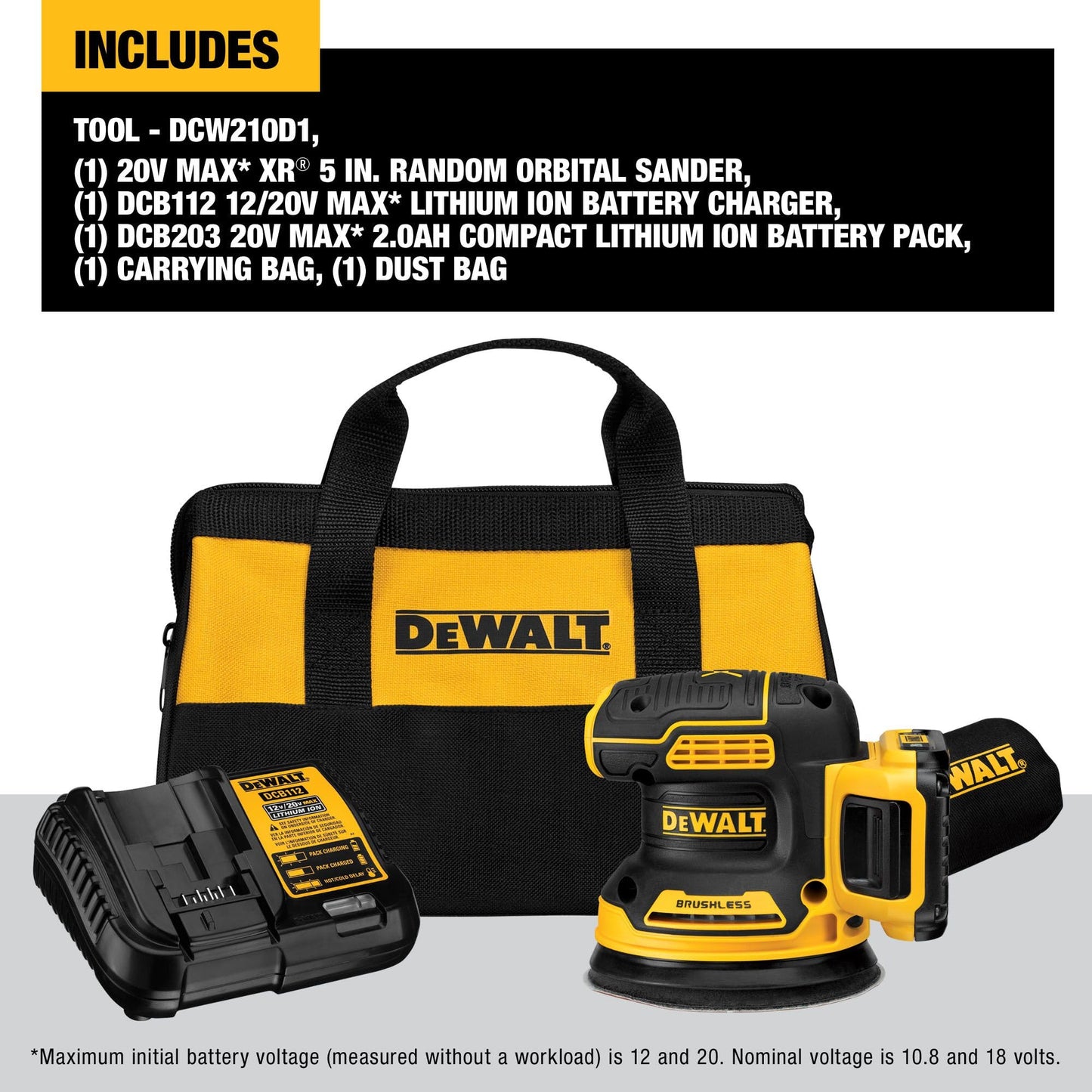 DEWALT 20V MAX Orbital Sander Cordless, 5-Inch Sander Tool, 2.Ah, 8,000-12,000 OPM, Variable Speed Dial, Storage Bag, Battery and Charger Included (DCW210D1)