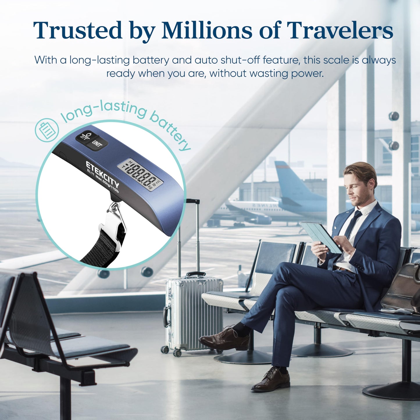 Etekcity Luggage Scale, Travel Essentials, Digital Suitcase Weight Scales for Travel Accessories, Hanging Baggage Scale with Temperature Sensor, Rubber Paint, 110 Pounds, Battery Included, Blue