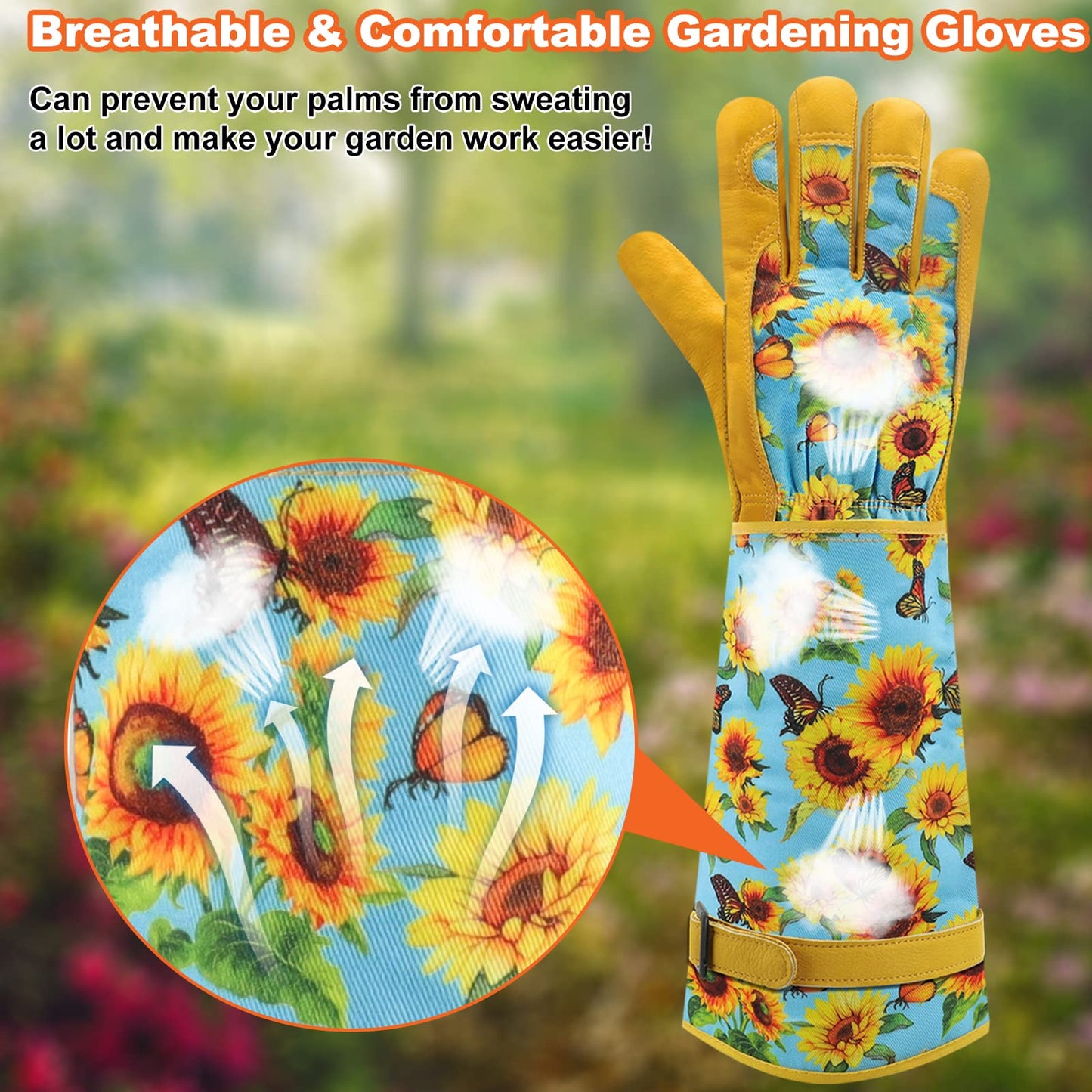 DLY Gardening-Gloves-for-Women, Thorn-Proof Long-Leather Garden Gloves, Rose/Blackberry Pruning Heavy Duty Gardening Work Gauntlet with Forearm Protection - Medium
