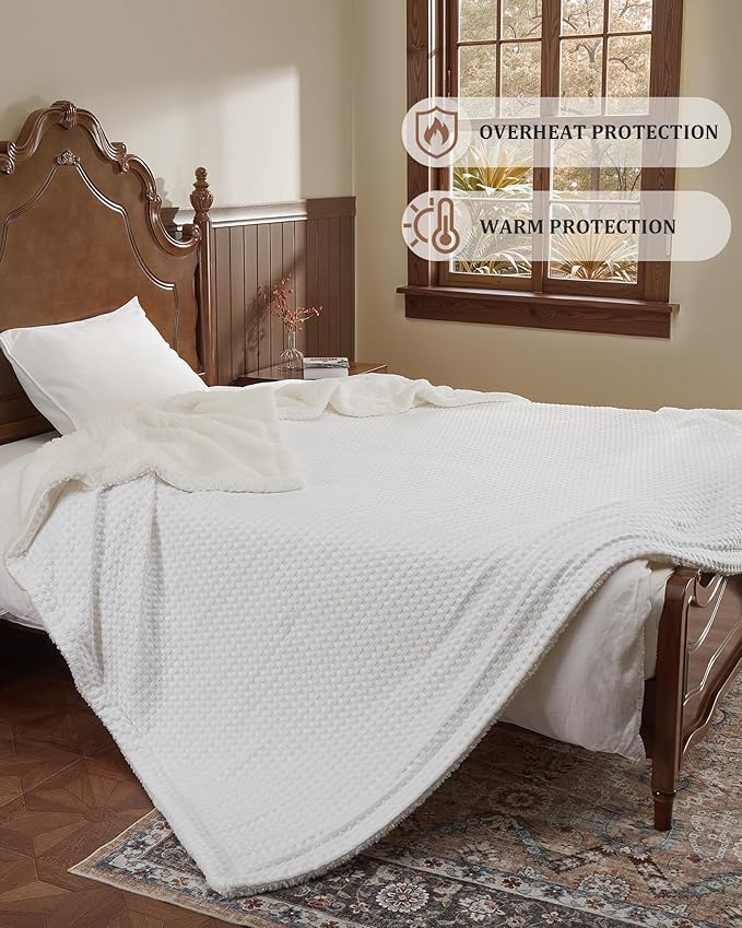 CAROMIO Heated Blanket Full Size, Waffle Weave Electric Blanket Throw with LCD Controller, Fast Heating, 10 Heat Levels & 1-12H Time Settings, ETL Certified, Machine Washable, Off White, 72" x 84"