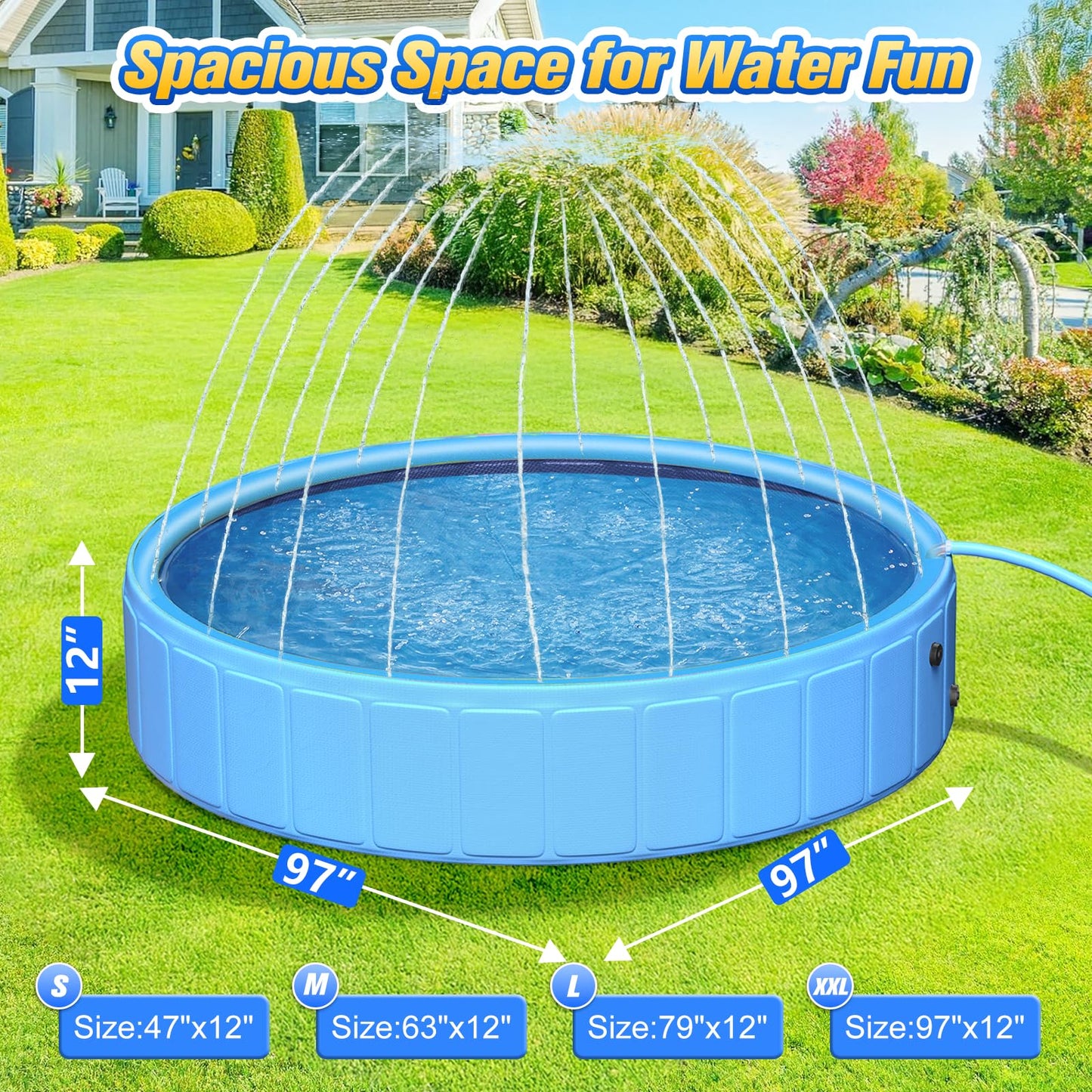 97In Extra Large Anti-Slip Dog Pool with Sprinkler, Sturdy 2-in-1 Foldable Hard Plastic Kiddie/Kids Swimming Pool, Summer Swimming Bath Tub for Kids/Large Dogs/Pets