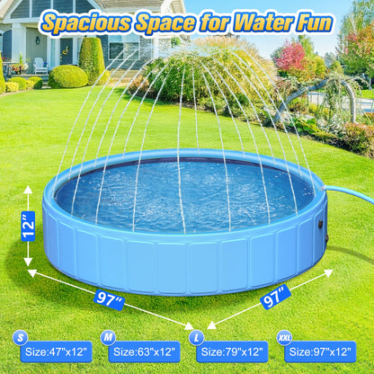 97In Extra Large Anti-Slip Dog Pool with Sprinkler, Sturdy 2-in-1 Foldable Hard Plastic Kiddie/Kids Swimming Pool, Summer Swimming Bath Tub for Kids/Large Dogs/Pets