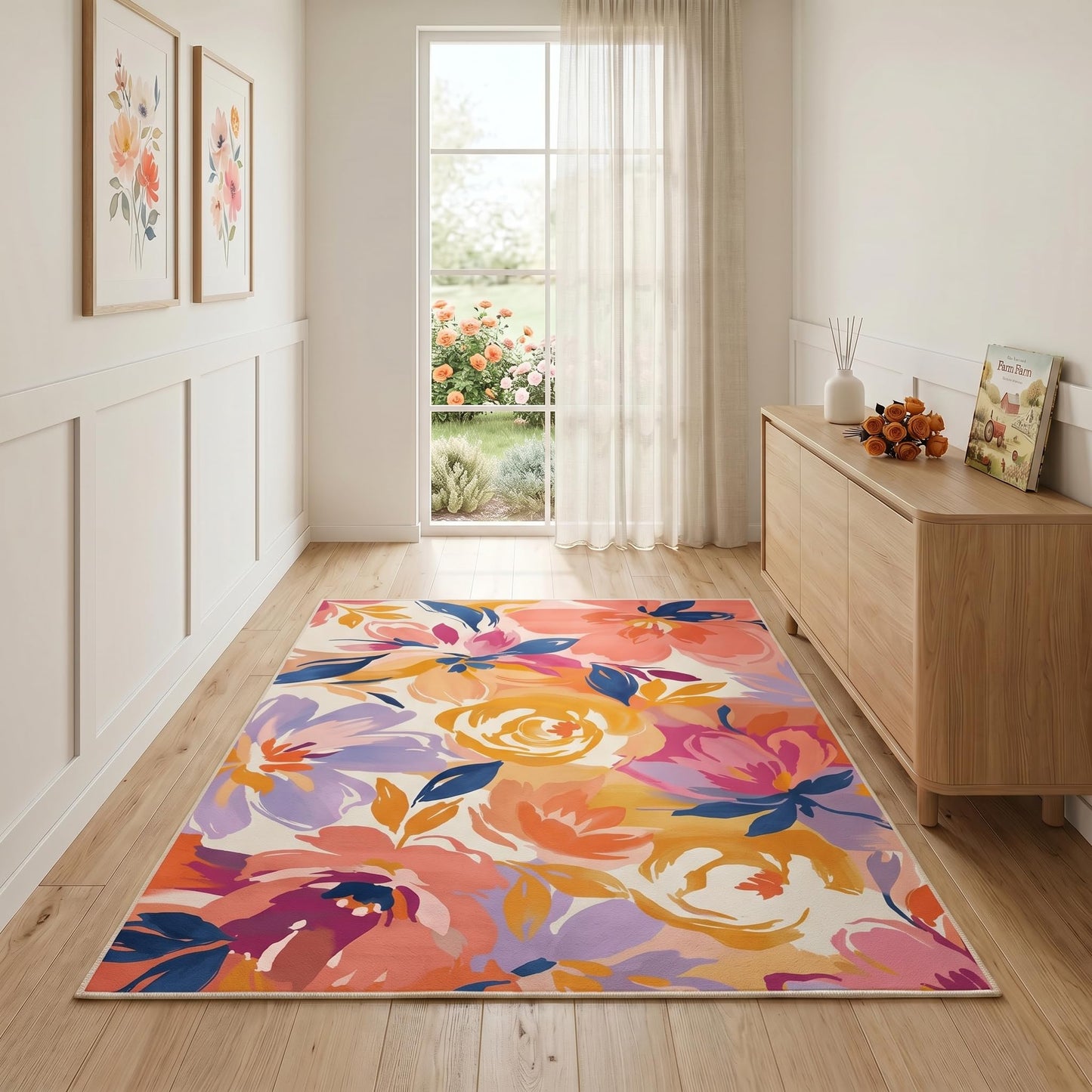 GraceSway 3x5 Washable Area Rug, Colorful Watercolor Floral Botanical Rug, Ultra Soft Faux Cashmere Low Pile Accent Carpet, Non Slip Foldable Pet Friendly Mat for Bedroom, Living Room, Girls Nursery