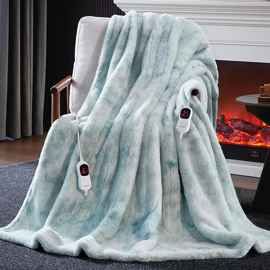 Guohaoi Heated Blanket Electric Throw, Soft Faux Rabbit Fur Electric Blanket with 10 Heating Levels 5 Sitting Timer Auto Off, Cozy Warm Heating Blankets, Machine Washable(90"×100" Blue)