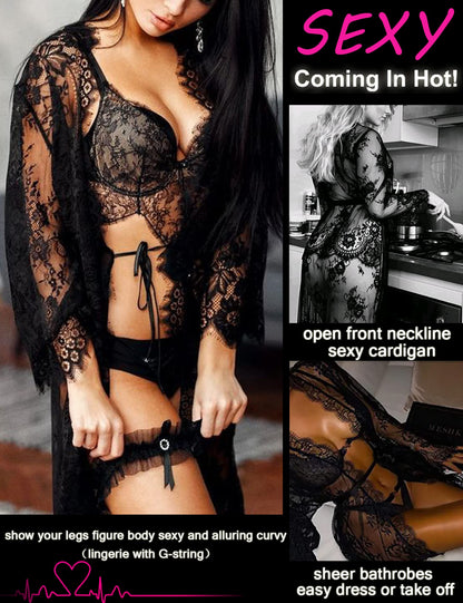 Avidlove lace robe Women's Lace Kimono Robe Babydoll Lingerie Mesh Nightgown Black L