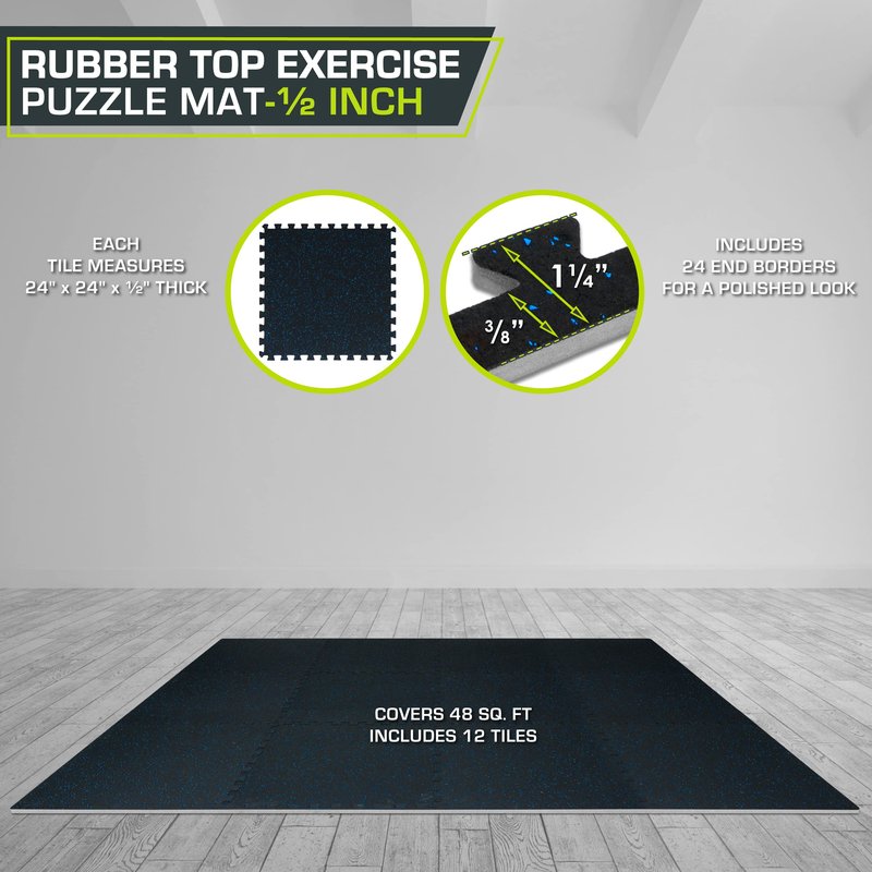 ProsourceFit Rubber Top Exercise Puzzle Mat ½-inch, EVA Foam, Protective Interlocking Tiles for Home Gym Equipment and Workouts; Blue, 48 SQ FT, 12 Tiles