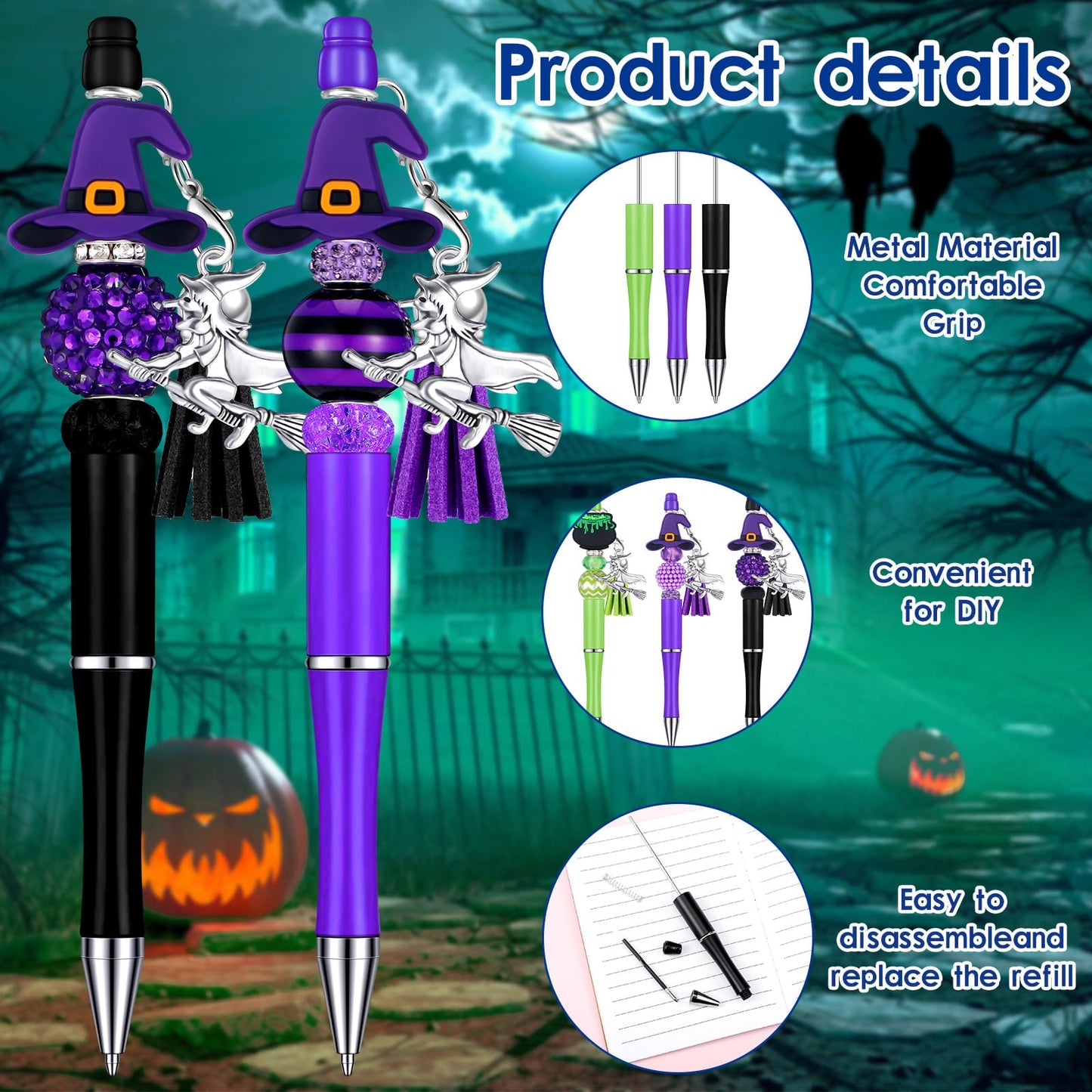 Jutom 12 Pcs Halloween Beadable Pens with Focal Silicone Beads Witch Cauldron Purple Green Bead Crafting DIY Making Pens Kit for Office School Christmas Holiday Gift Bulk