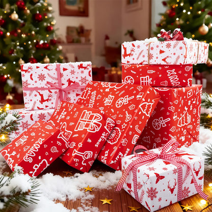 Iioscre Reversible Christmas Wrapping Paper, Santa Gift Wrapping Paper Roll, Red White Reindeer and Snowflake Wrapping Paper for New Year, Holiday, Party, 17 Inch X 32.8 Feet