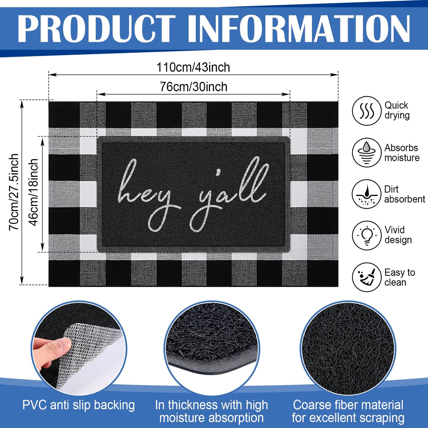 Geelin 2 Pcs Hey Y'all Welcome Mat 30'' x 18" and 43'' x 27.5'' Black White Buffalo Plaid Checkered Rug Layered Front Door Mat for Indoor Outdoor Entrance Home Coir Doormats Decor