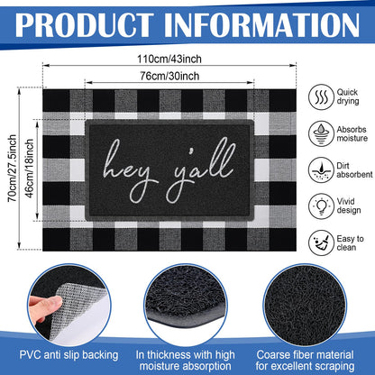 Geelin 2 Pcs Hey Y'all Welcome Mat 30'' x 18" and 43'' x 27.5'' Black White Buffalo Plaid Checkered Rug Layered Front Door Mat for Indoor Outdoor Entrance Home Coir Doormats Decor