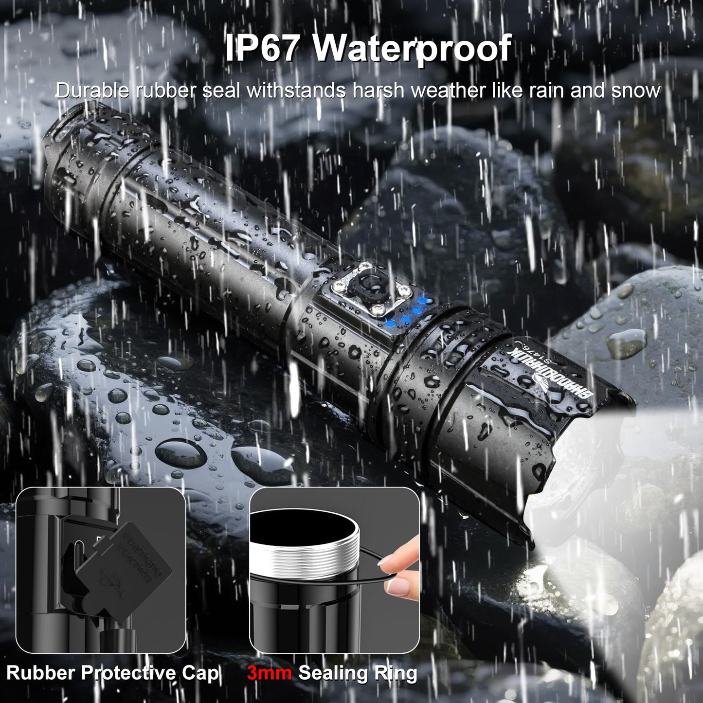 Shadowhawk Rechargeable Torch, 500000 Lumen Torches LED Super Bright, 5000 mAh Long Lasting, Adjustable Focus, IP67 Waterproof, 5 Modes, Powerful Handheld Flashlight for Power Cuts, Camping, Emergency