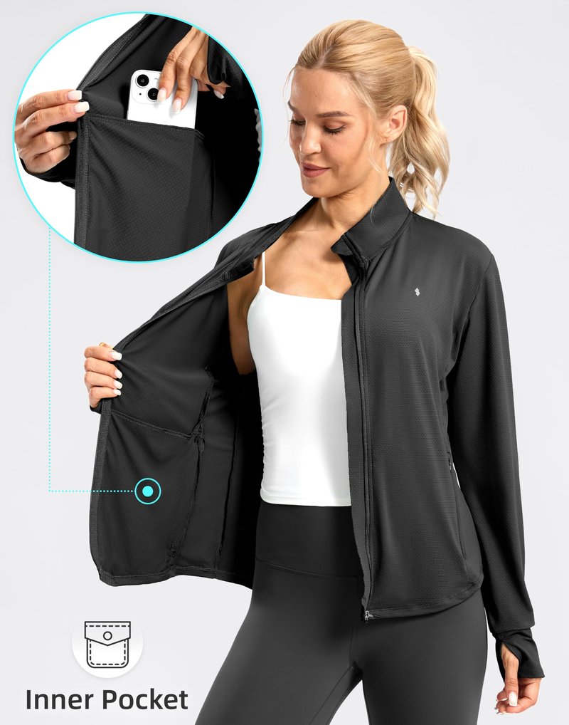 Soothfeel Women's UPF 50+ Lightweight Athletic Jackets Sun Protection Zip Up Long Sleeve Shirts Hiking Workout Outdoor Pocket, Black, L
