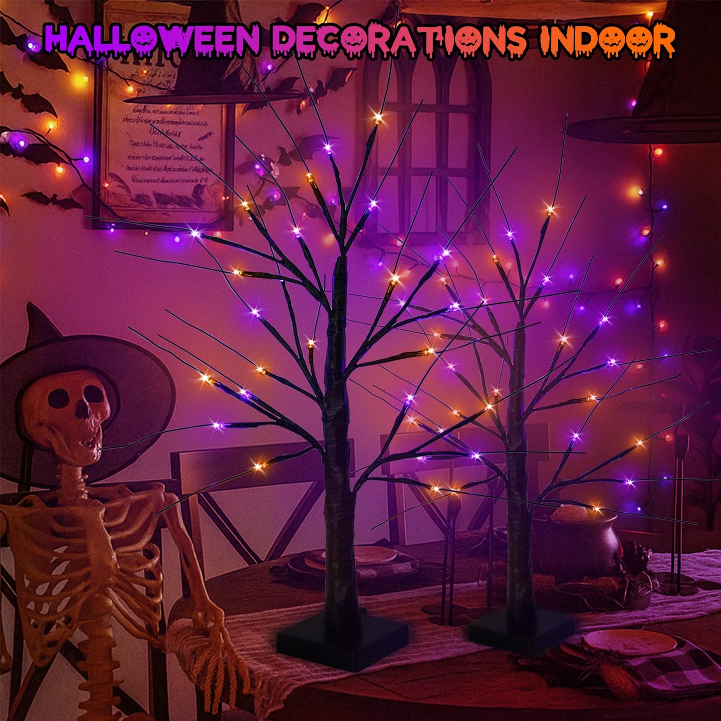 Halloween Decorations Indoor, 2-Pack 2FT Lighted Black Halloween Tree with 48 LED Orange & Purple Lights, Timer Function Battery Operated Halloween Trees Lights Spooky Tree for Tabletop Home Party