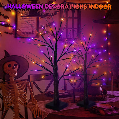 Halloween Decorations Indoor, 2-Pack 2FT Lighted Black Halloween Tree with 48 LED Orange & Purple Lights, Timer Function Battery Operated Halloween Trees Lights Spooky Tree for Tabletop Home Party