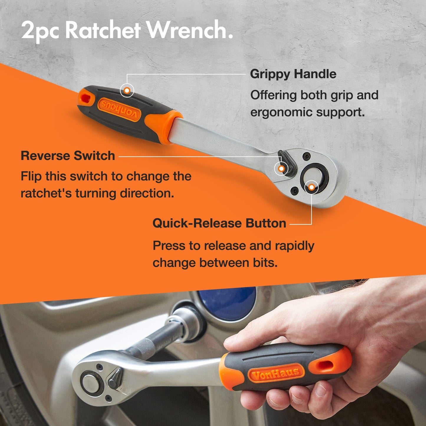 VonHaus 104-Piece Socket Wrench Tool Set with Extension Bar, Coupler, Ratchet, and Spanners, Screwdriver Bits and Carry Case