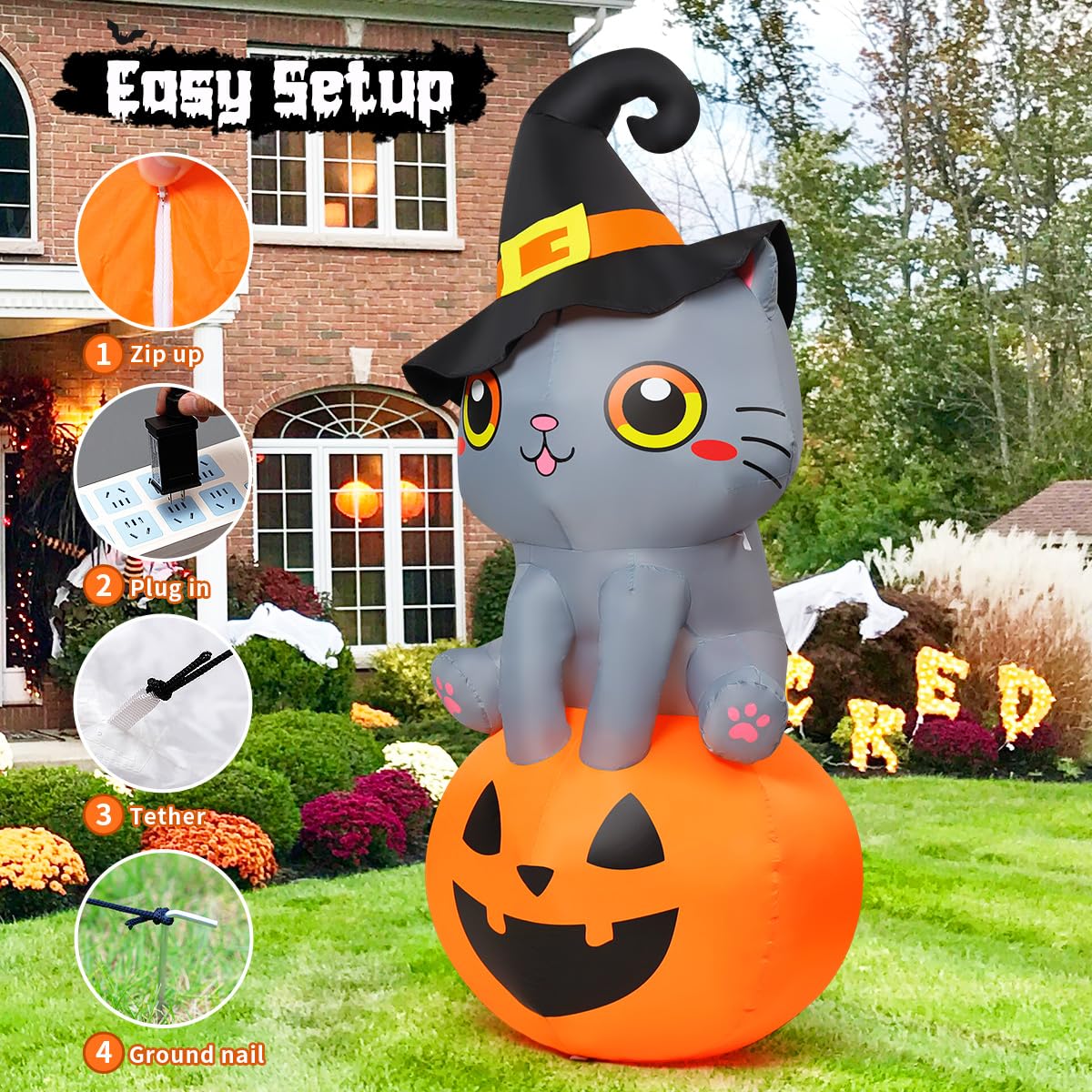GOOSH 6 FT Halloween Inflatables Cat Outdoor Decorations Blow Up Yard Cute Wizard Cat Sitting Pumpkin with Built-in LEDs for Garden Lawn Indoor Party Decor