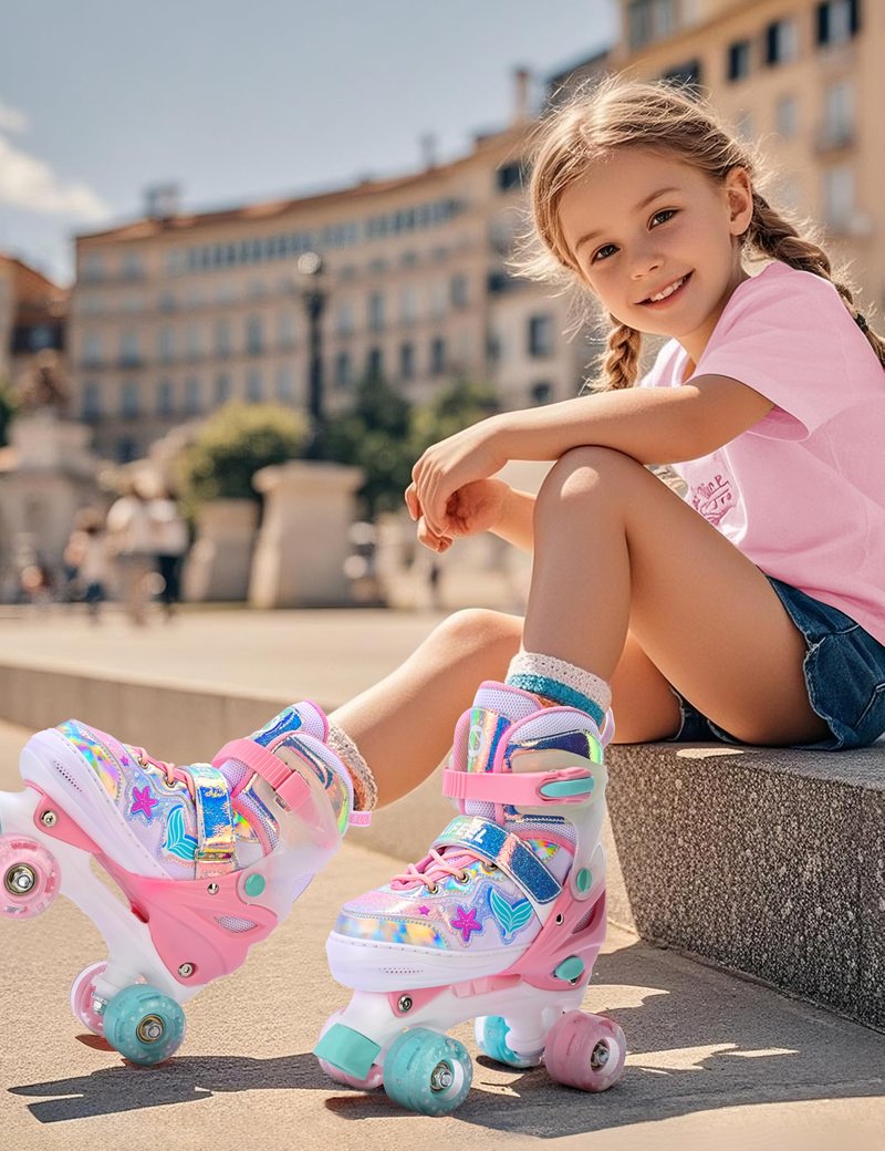 SULIFEEL Roller Skates for Girls Kids with Light Up Wheels, Adjustable 4 Sizes for Little Kids Toddler Beginner Rollerskates