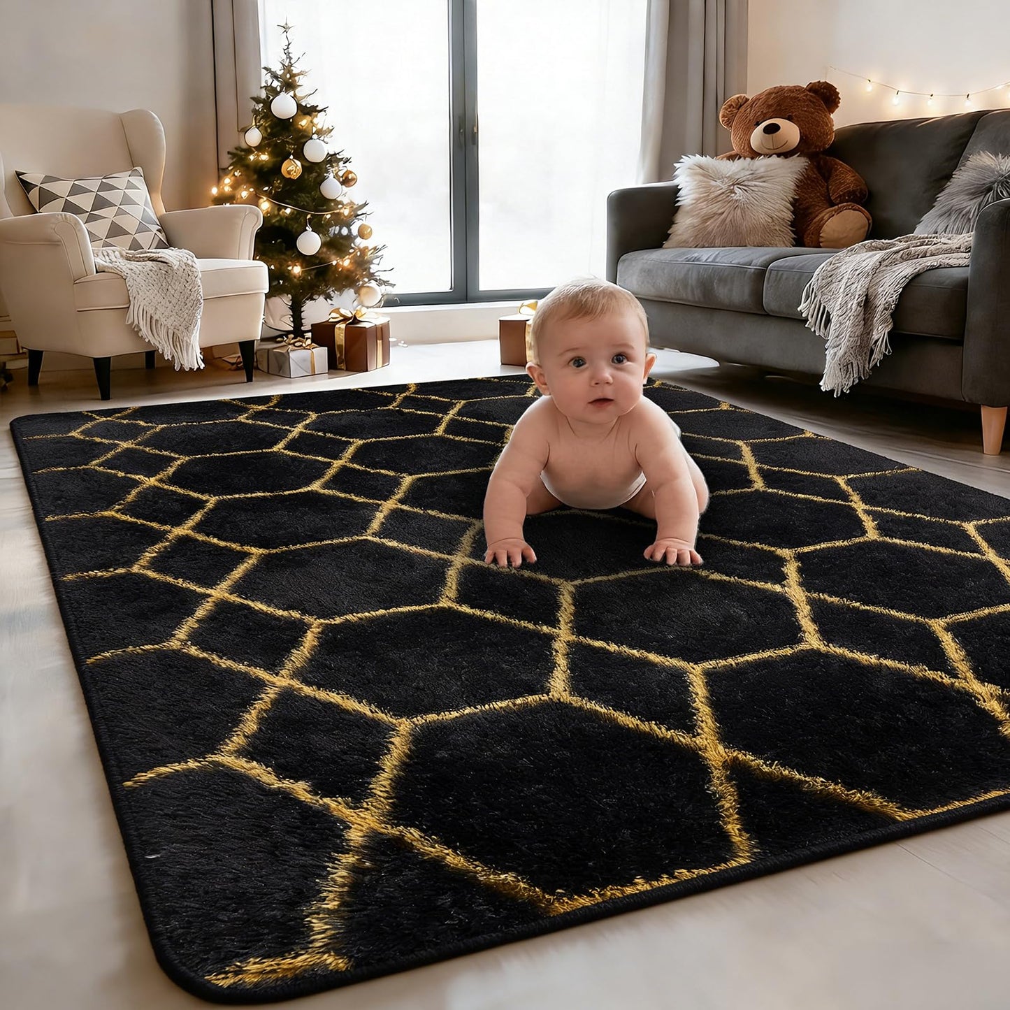 4x6 FT Soft Rug for Living Room, Geometric Shag Soft Area Rug, Classic Rug Anti-Skid High Pile Fluffy Carpet for Kids Room Nursery, Dorm Home Decor
