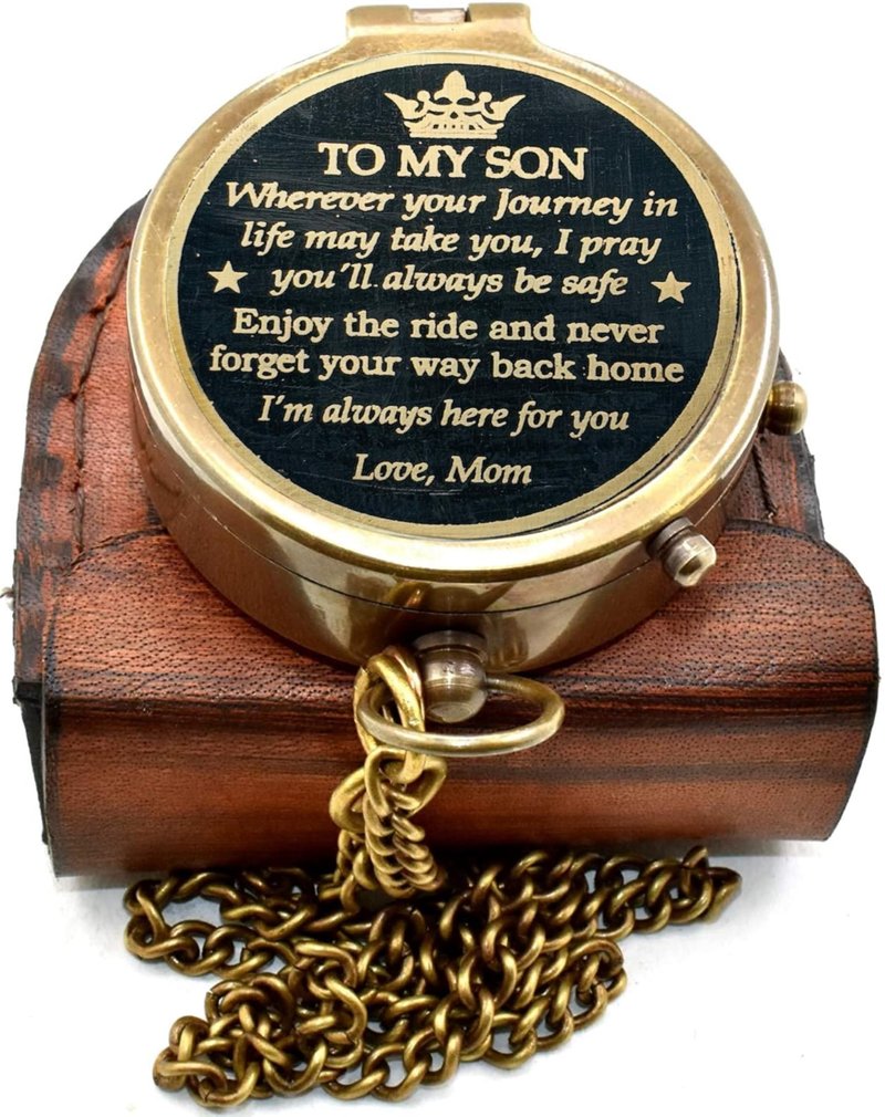 Antique Brass 2 Inch Compass | to My Son I'm Always here for You | Engraved Pocket Chain Compass with Leather Case for Love Mom to Son Antique Compass, Birthday Gift, Graduation Gift
