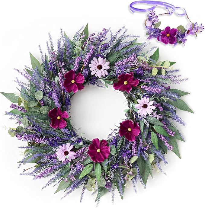 24" Lavender Wreath for Front Door - Artificial Floral Lush Summer Wreath with Adjustable Headband & DIY Decor for Wall, Home, Wedding, Party, Christmas (Purple)