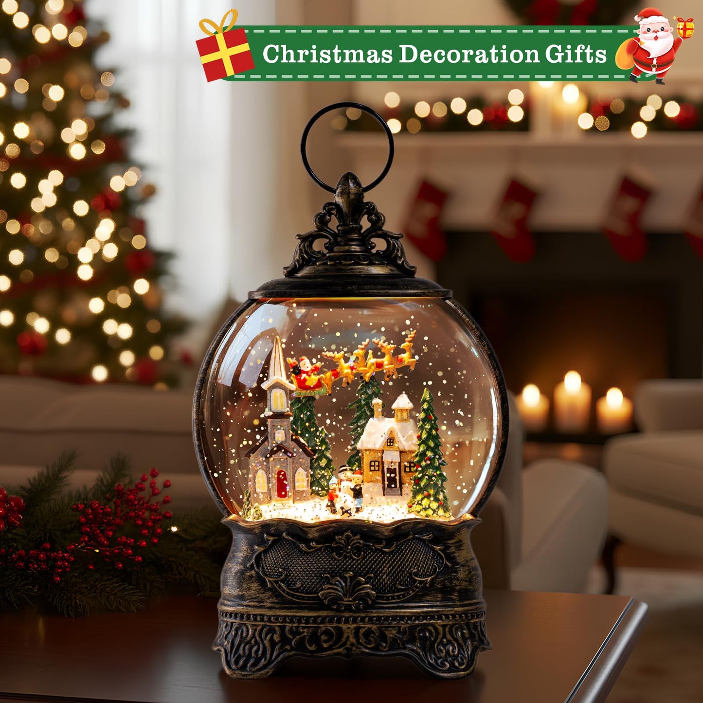 Christmas Snow Globes Lantern Snow Globe with Music Water Lantern Santa Flying Scene Elk Lighted Swirling Water Glitters Snowglobe Christmas Decoration