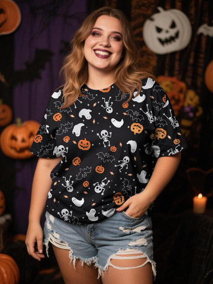 Anbech Women Plus Size Halloween Tops Pumpkin Grapchic Thanksgiving T-Shirt (Full Black, 5XL)