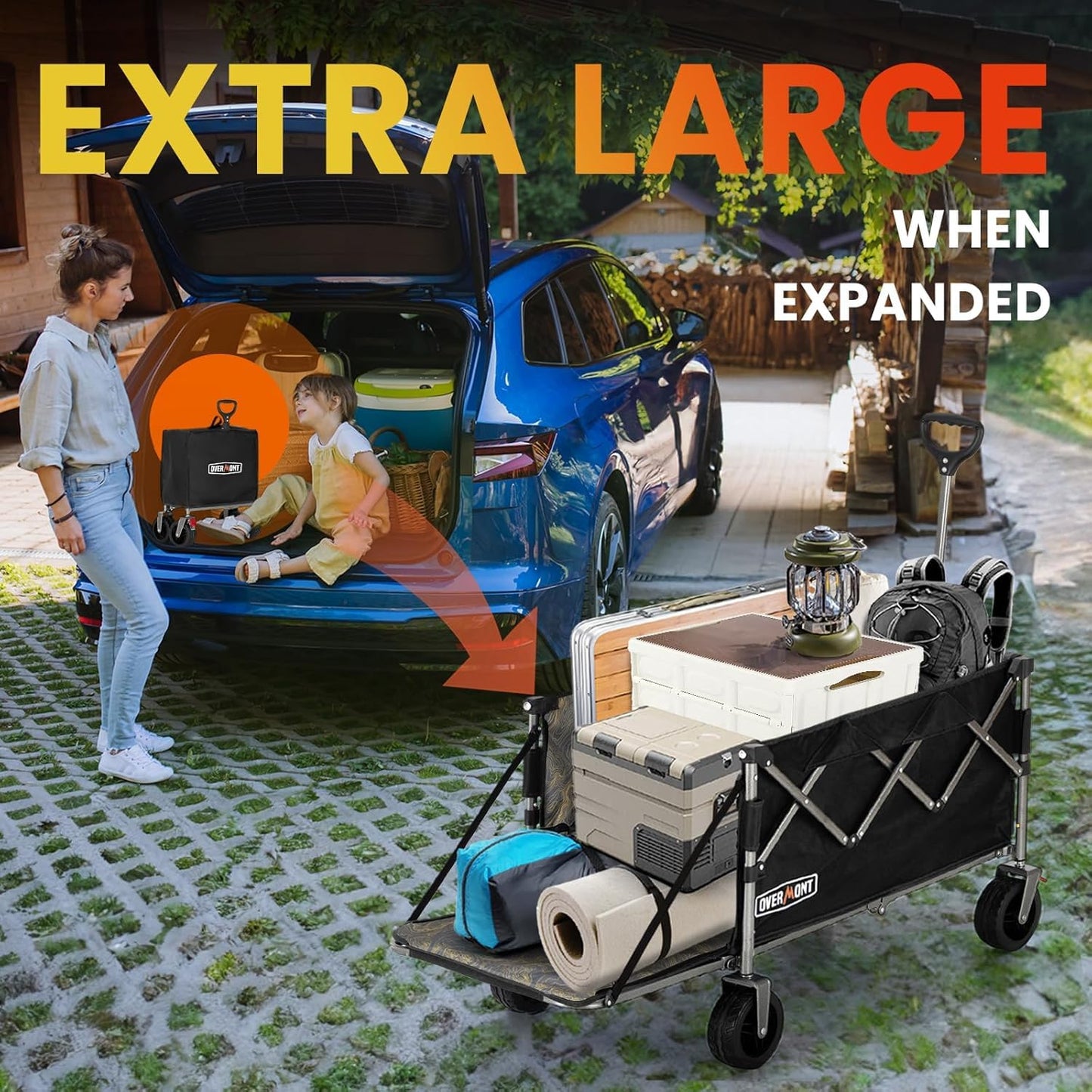Overmont 300L Folding Festival Trolley Cart - All-terrain Extra Wide Wheels and Brake - Heavy Duty Cart Load up 150KG - with Adjustable Handle & Cover Bag - Wagon for Beach Camping Garden, Black