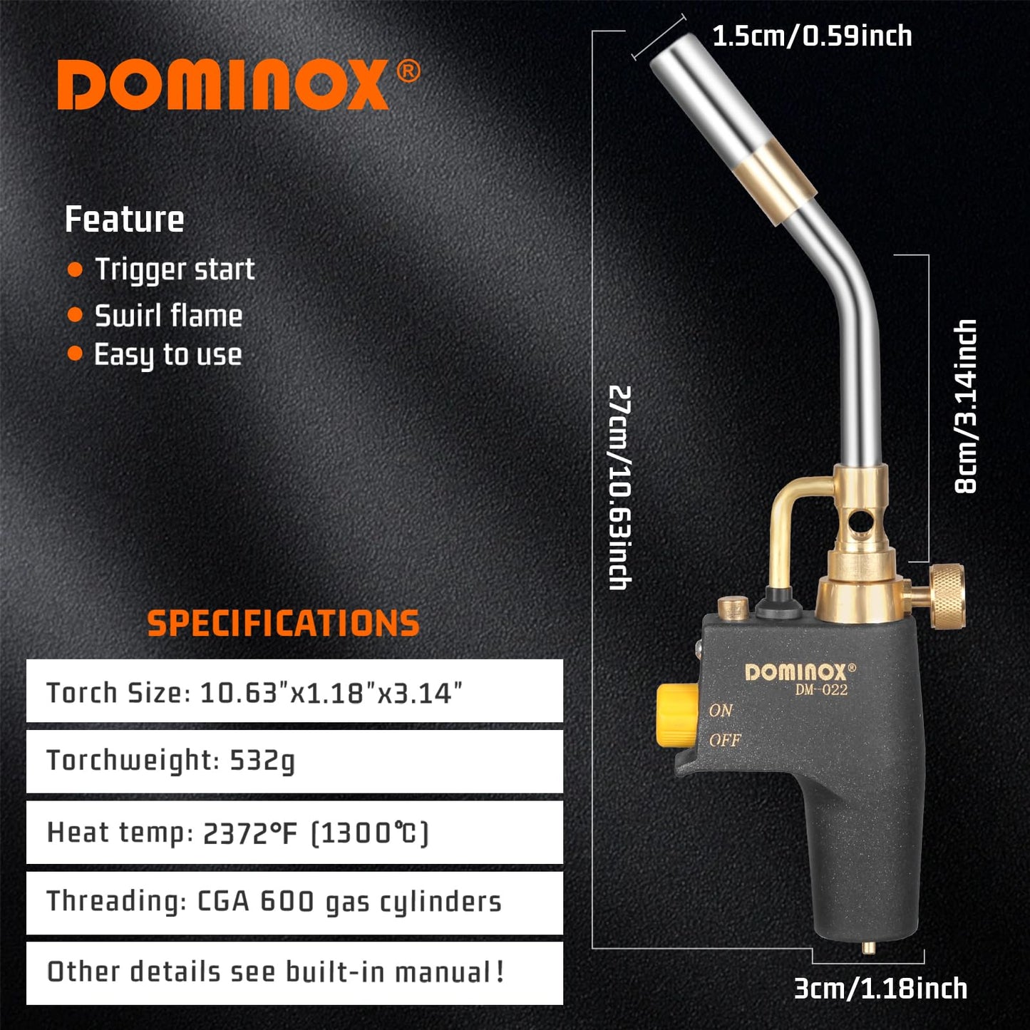 DOMINOX Propane Torch Head, High Intensity Torch Head Trigger Start Gas Torch, Map Gas Torch Kit for Propane, Map and Mapp Gas, Mapp Gas Torch for Soldering, Welding, Cooking (Not Included Gas Tank)