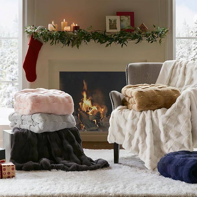 Madison Park Luxuriously Cozy Soft Long Faux Fur Basketweave Blanket, Reversible Soft & Snuggly Velvet Throw, Lightweight, Breathable, All Season, Trendy Room Décor, 50x60, Tan